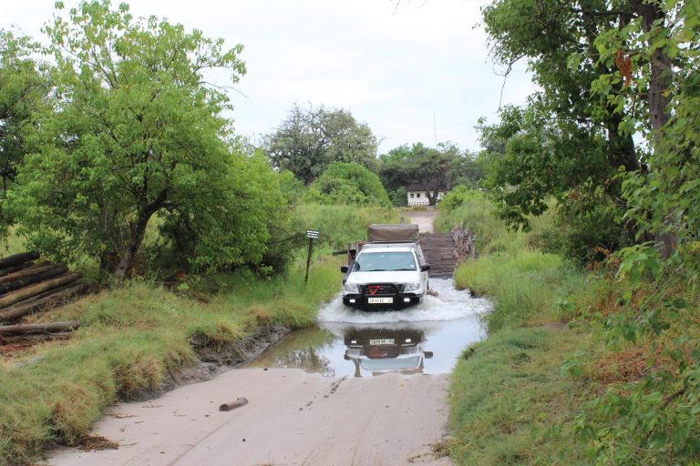 Botswana safari: four by four with rooftop tent crossing flooded causeway