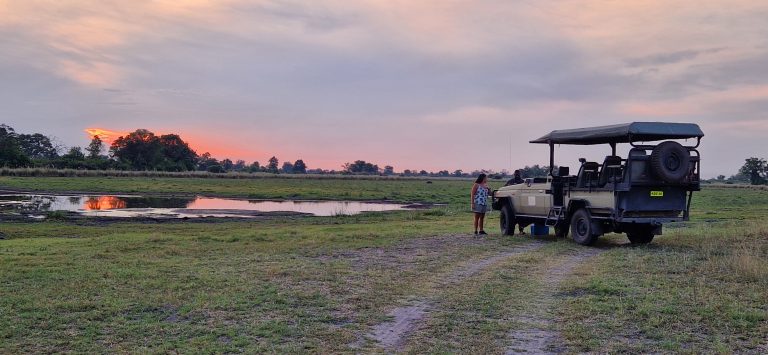 Botswana safari: guests beside safari vehicle at dusk waterhole
