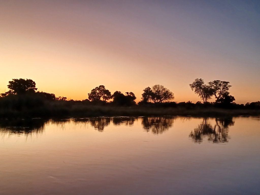 Botswana safari: Okavango channel at dawn with tree reflections