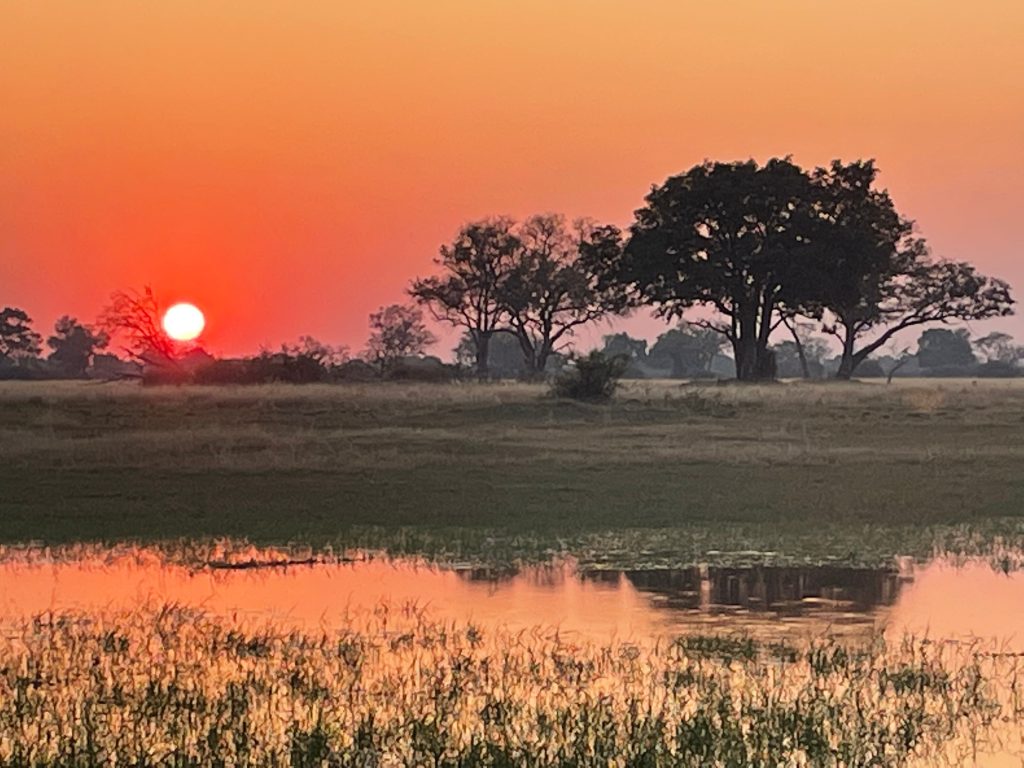 Botswana safari: red sun setting over flooded plain