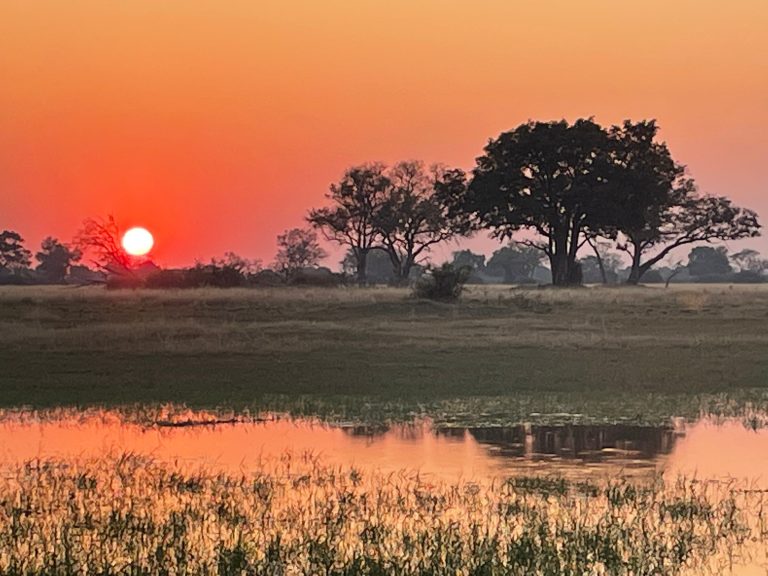 Botswana safari: red sun setting over flooded plain